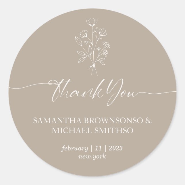 Brown Beige Floral Bouquet Vielen Dank Runder Aufkleber (Vorderseite)