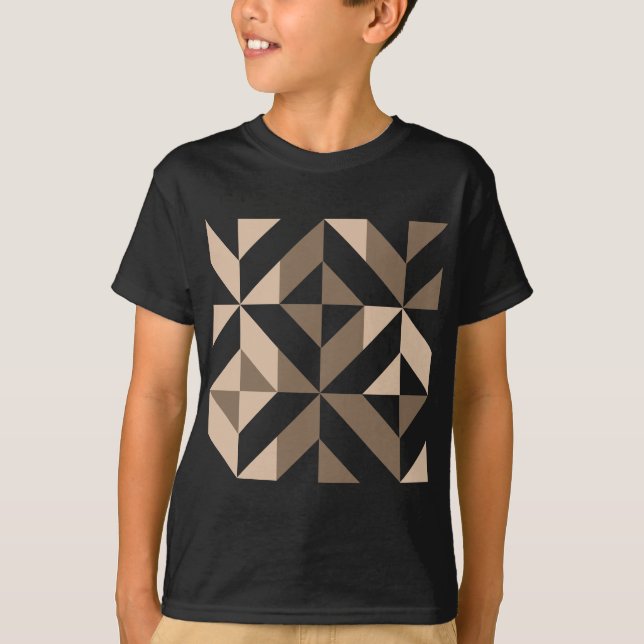Brown Beige Geometric Cube Pattern T-Shirt (Vorderseite)