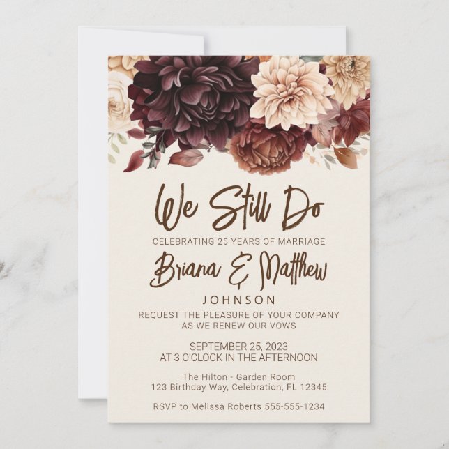 Brown Beige Ivory Floral Wedding Vow Erneuerung Einladung (Vorderseite)