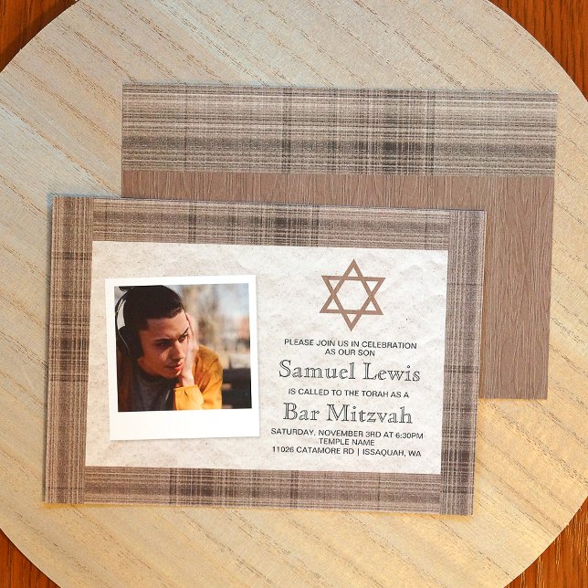 Brown, Beige Plaid Bar Mitzvah Photo Invitation (Budget Star of David, Beige Plaid Bar Mitzvah Invitations)