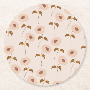 Brown Beige Retro Y2K Hippie Sonnenblumenmuster Runder Pappuntersetzer