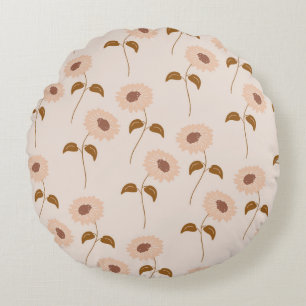 Brown Beige Retro Y2K Hippie Sonnenblumenmuster Rundes Kissen