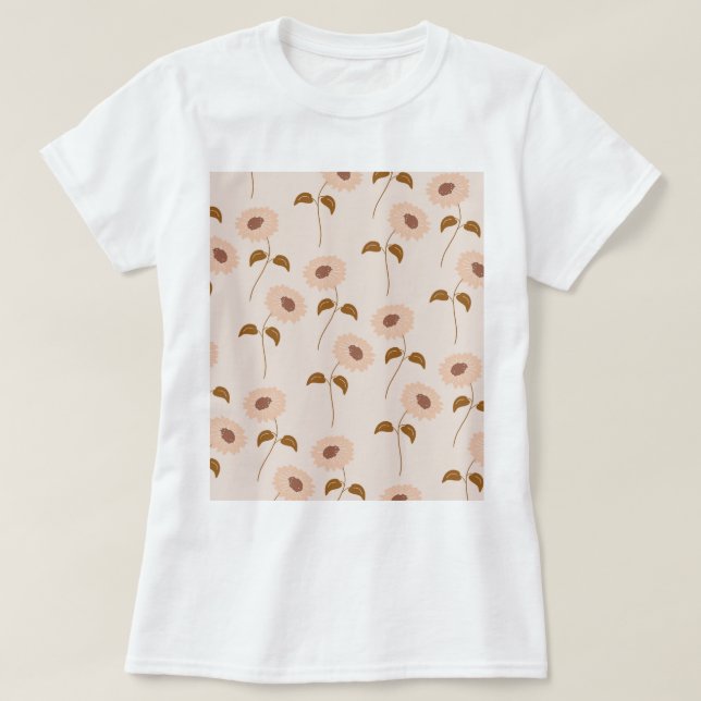 Brown Beige Retro Y2K Hippie Sonnenblumenmuster T-Shirt (Design vorne)