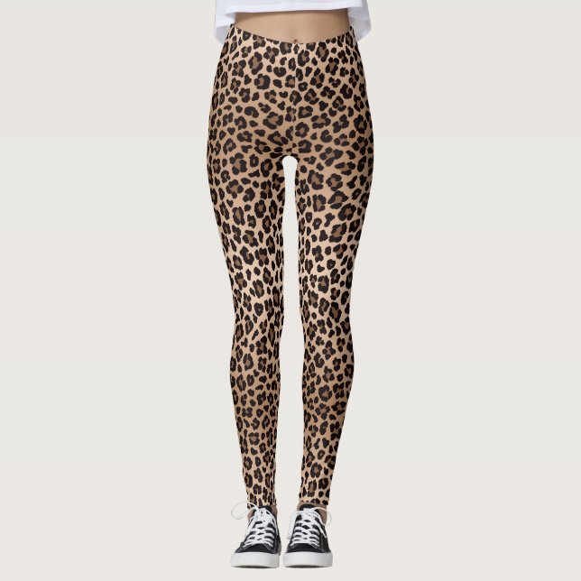 Brown Beige Safari Wild Cat Skin Leopard Pattern Leggings (Vorderseite)