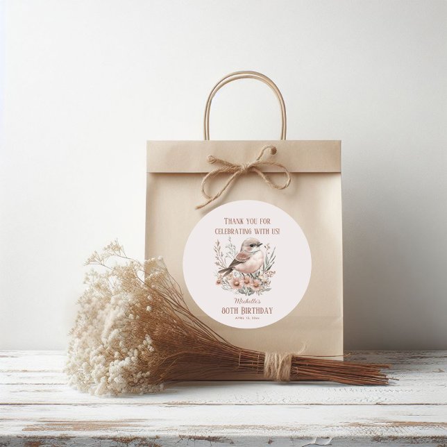 Brown Bird 80. Geburtstag Vielen Dank Runder Aufkleber (Bird birthday party thank you sticker)