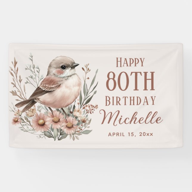 Brown Bird 80. Happy Birthday Banner (Horizontal)