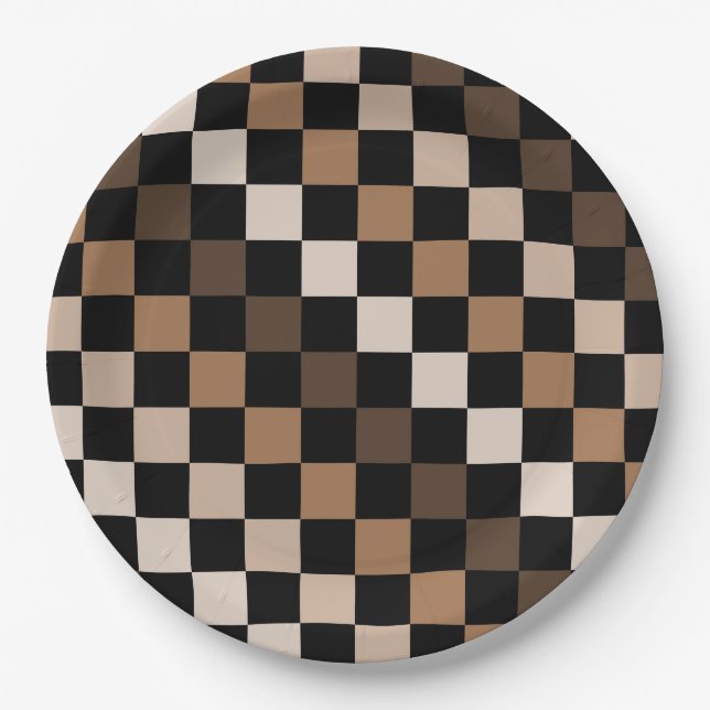 Brown Black Checkered Gingham Pattern Pappteller (Vorderseite)