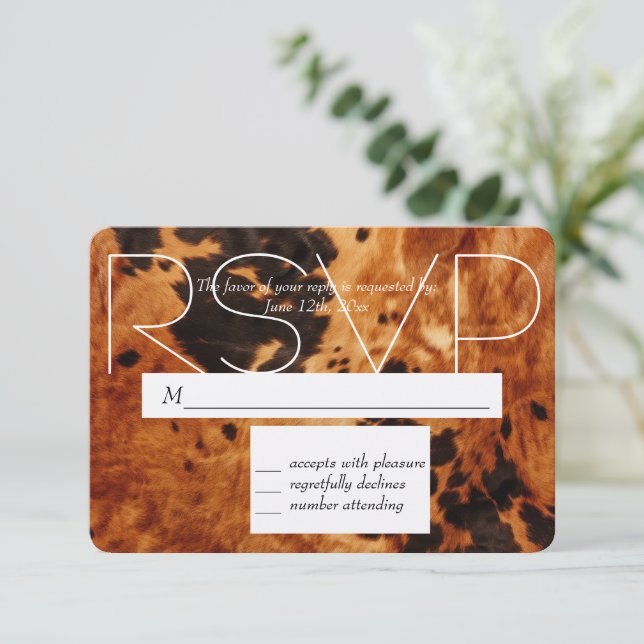 Brown Black Cowhide Cowboy Cowgirl Wedding RSVP (Stehend Vorderseite)