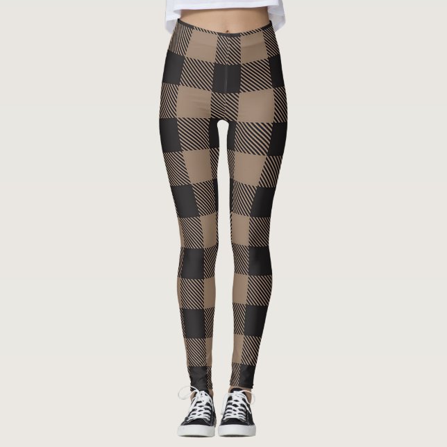 Brown Black Gingham Buffalo Kariertes Bauernhaus Leggings (Vorderseite)