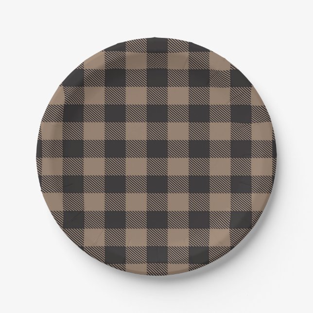 Brown Black Gingham Buffalo Kariertes Bauernhaus Pappteller (Vorderseite)