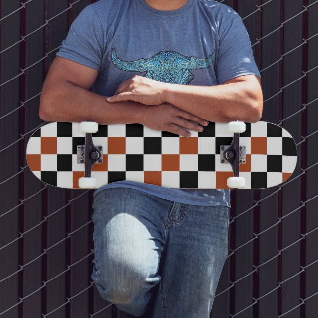Brown Black White Checkered Pattern Design  Skateboard (Außenbereich 3)