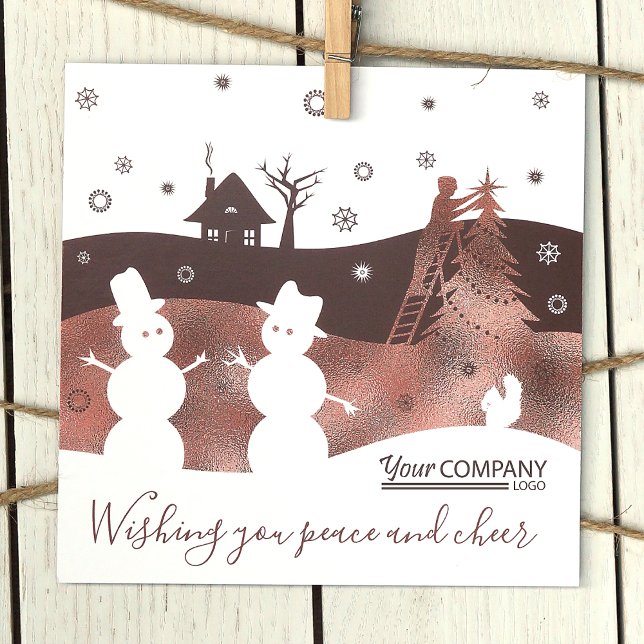 Brown, Blanc, Bronze Snowmen Company Carte de vaca (Chocolate Brown Logo Company Holiday Christmas Cards, Rustic Brown White Snowmen Snow Village)