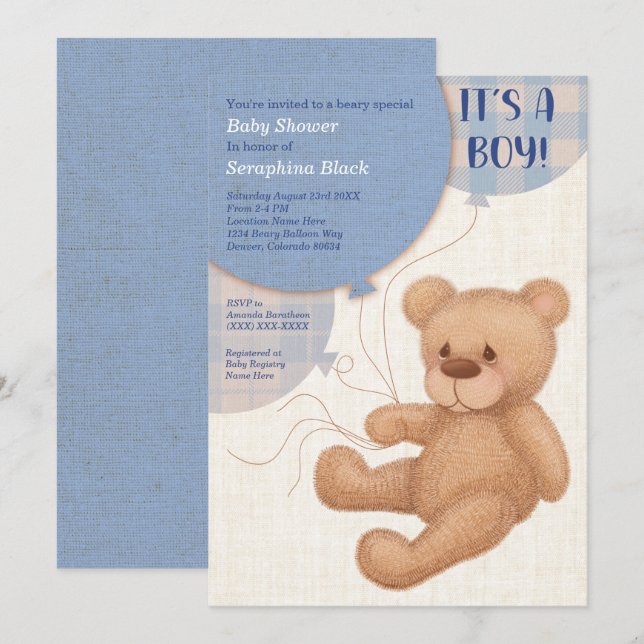 Brown Blue Boys Teddy Bear Baby Shower Einladung (Vorne/Hinten)