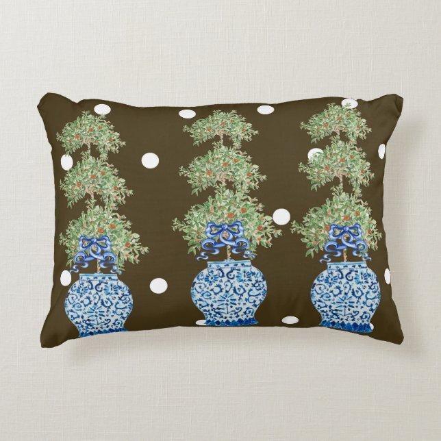 Brown Blue Chinoiserie Orange Topiary Dekokissen (Vorderseite)