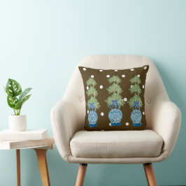 Brown Blue Chinoiserie Orange Topiary Kissen