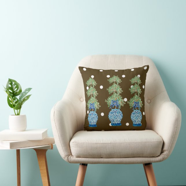 Brown Blue Chinoiserie Orange Topiary Kissen (Stuhl )