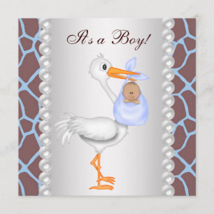 Brown Blue Giraffe Stork Baby Boy Dusche Einladung
