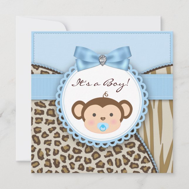 Brown Blue Monkey Baby Boy Dusche Einladung (Vorderseite)
