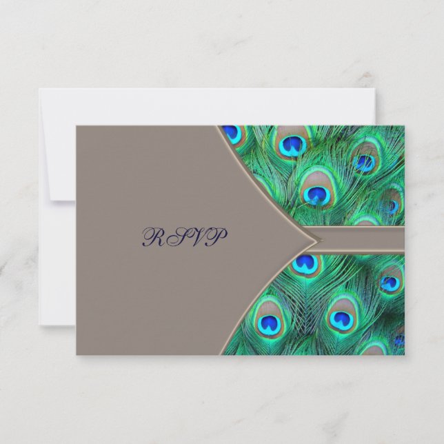 Brown Blue Peacock Wedding RSVP Karte (Vorderseite)