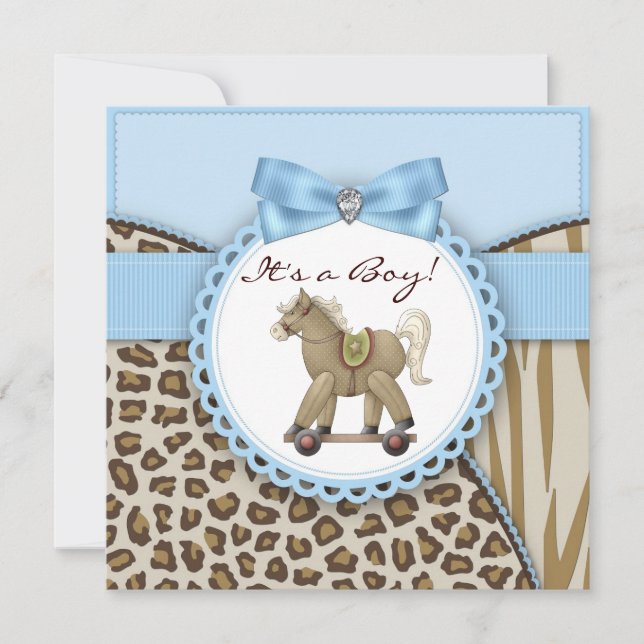 Brown Blue Rocking Horse Baby Boy Dusche Einladung (Vorderseite)