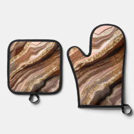 BROWN BLUSH GOLD AGATE SEHEN ABSTRAKT OFENHANDSCHUH & Topflappen-Set