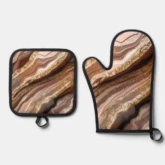BROWN BLUSH GOLD AGATE SEHEN ABSTRAKT OFENHANDSCHUH & Topflappen-Set