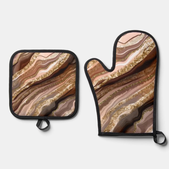 BROWN BLUSH GOLD AGATE SEHEN ABSTRAKT OFENHANDSCHUH & Topflappen-Set (Vorderseite)