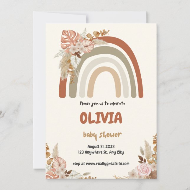 Brown Boho Rainbow Baby Shower Einladung (Vorderseite)