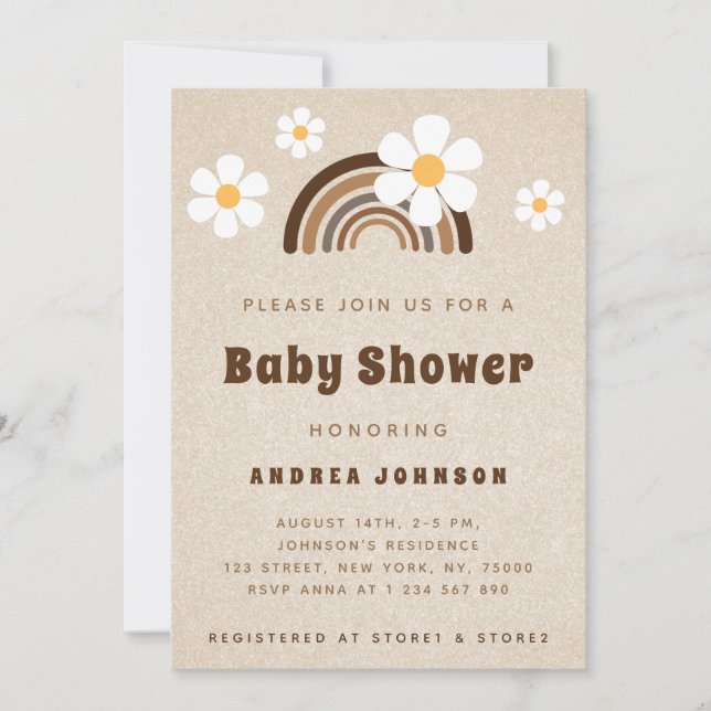 Brown Boho Rainbow & Daisy Floral Sand Baby Dusche Einladung (Vorderseite)