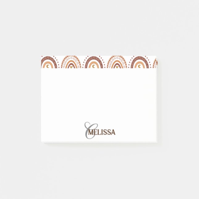 Brown Boho Rainbow Whimsical Pattern Monogram Name Post-it Klebezettel (Vorderseite)