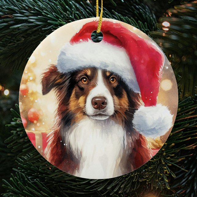Brown Border Collie Weihnachtsmannmütze Weihnachte Keramik Ornament (Von Creator hochgeladen)