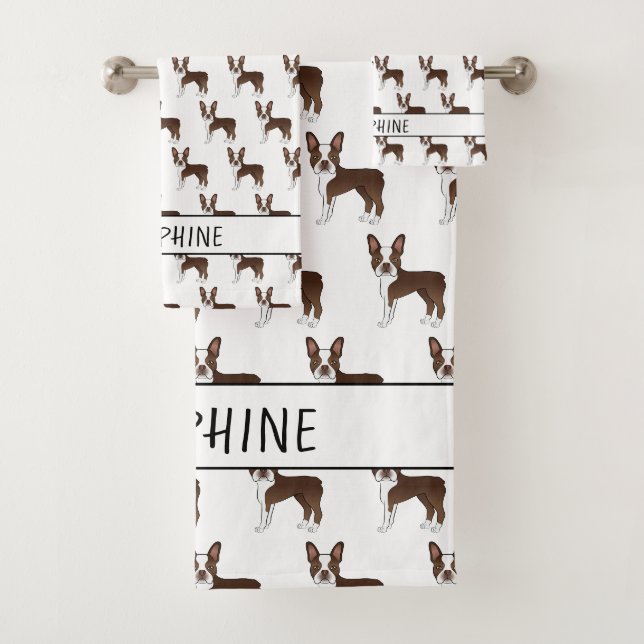 Brown Boston Terrier Cartoon Chien Motif avec nom (En situation)