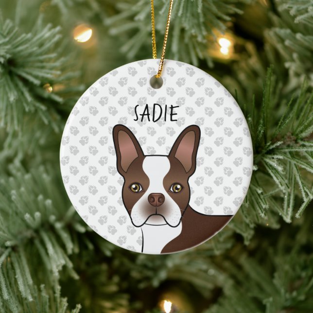 Brown Boston Terrier Cartoon Dog Head & Dog Name Keramik Ornament (Baum)