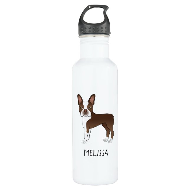 Brown Boston Terrier Cartoon Dog & Individuelle Na Edelstahlflasche (Vorderseite)