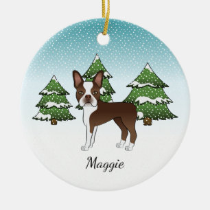 Brown Boston Terrier in einem Winterwald & Name Keramik Ornament