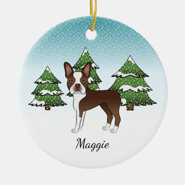 Brown Boston Terrier in einem Winterwald & Name Keramik Ornament (Vorne)