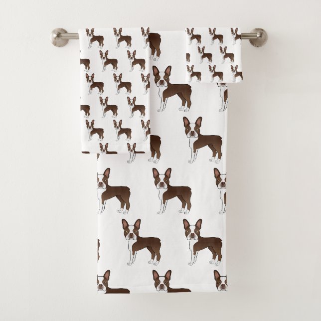 Brown Boston Terrier Niedlich Cartoon Dog Muster Badhandtuch Set (Insitu)