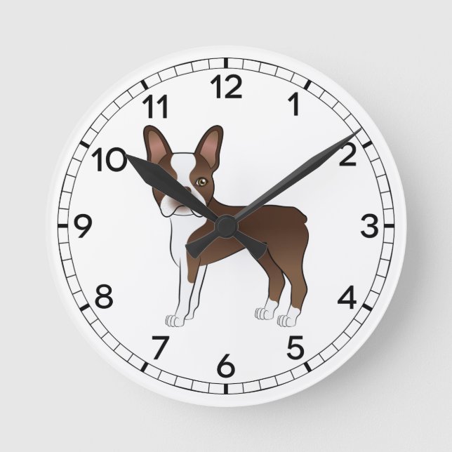 Brown Boston Terrier Niedlich Cartoon Dog Zeichnen Runde Wanduhr (Vorderseite)