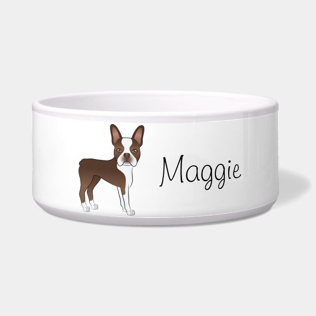 Brown Boston Terrier Niedlicher Cartoon Hund mit e Napf (Vorderseite)