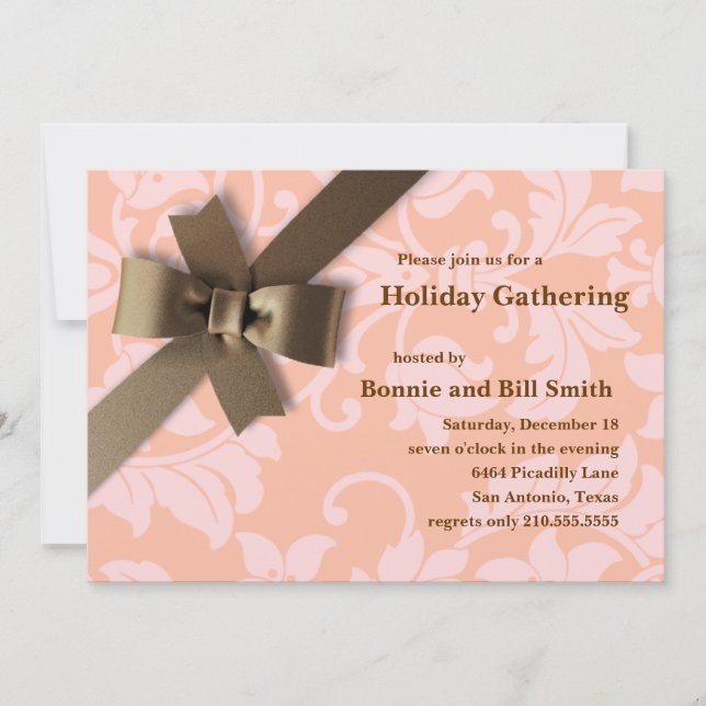 Brown Bow Coral Damask Invitation de vacances (Devant)