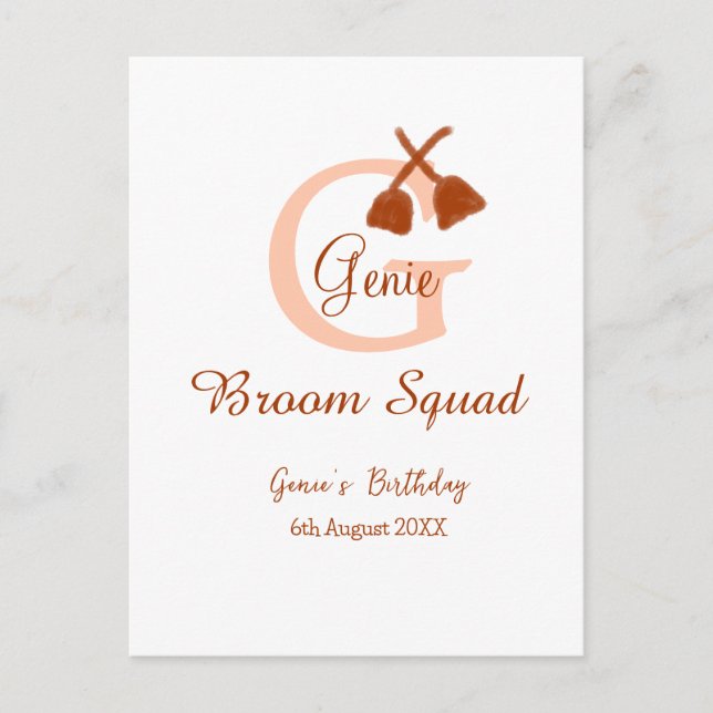 Brown broom Squad Geburtstagsname Pfirsichmonogram Postkarte (Vorderseite)