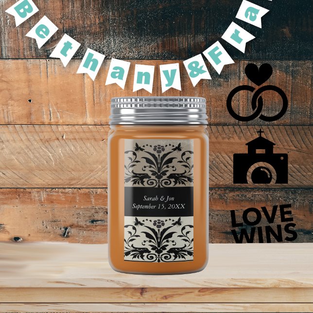 Brown Bumble Bee Damask Save the Date Adressaufkleber (Von Creator hochgeladen)