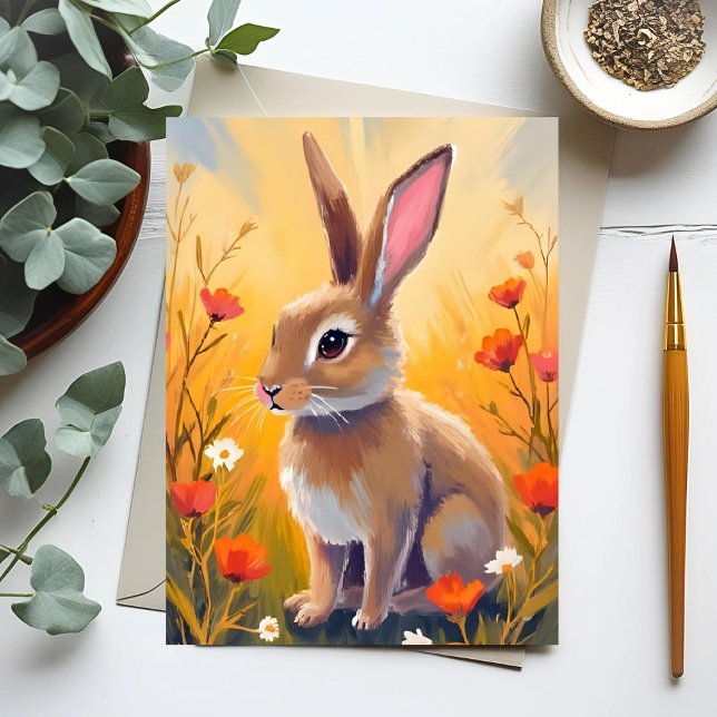 Brown Bunny Floral Field Animal Painting Card (Von Creator hochgeladen)