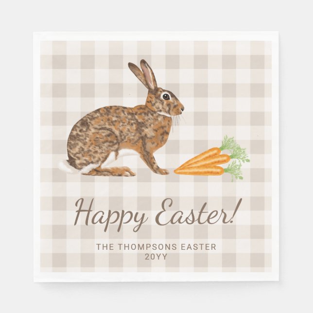 Brown Bunny Hare And Carrots Happy Easter Beige Serviette (Vorderseite)