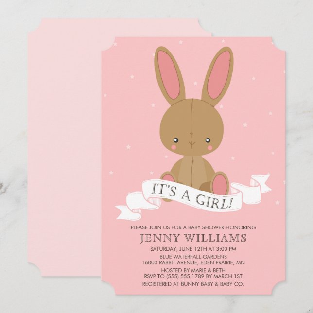 Brown Bunny Rabbit Girl Babydusche einladen Einladung (Vorne/Hinten)