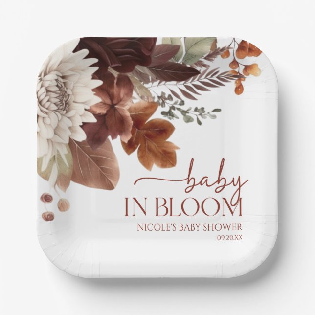 Brown Burgundy Baby in Bloom Floral Baby Dusche Pappteller (Vorderseite)