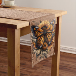 BROWN BURLAP SIEHT MIT ORANGE BROWN SCHALTFLÄCHE A GROßER TISCHLÄUFER