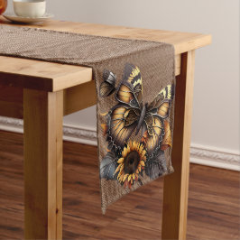 BROWN BURLAP SIEHT MIT ORANGE BROWN SCHALTFLÄCHE A GROßER TISCHLÄUFER