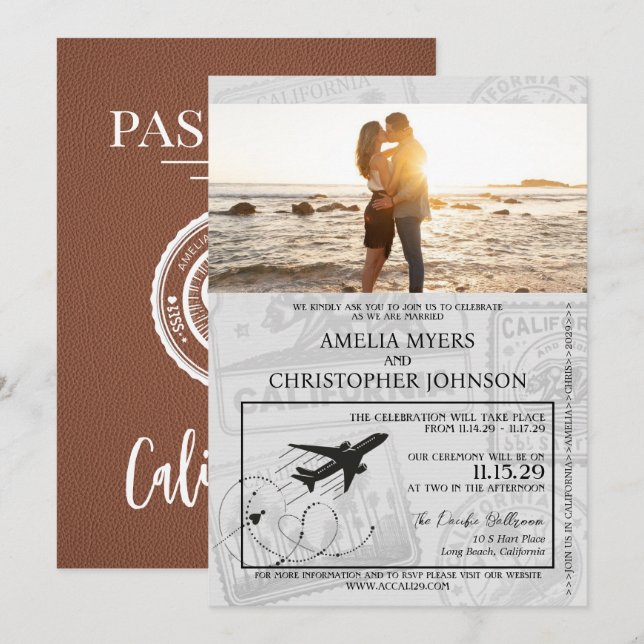 Brown California Passport Wedding Einladung (Vorne/Hinten)