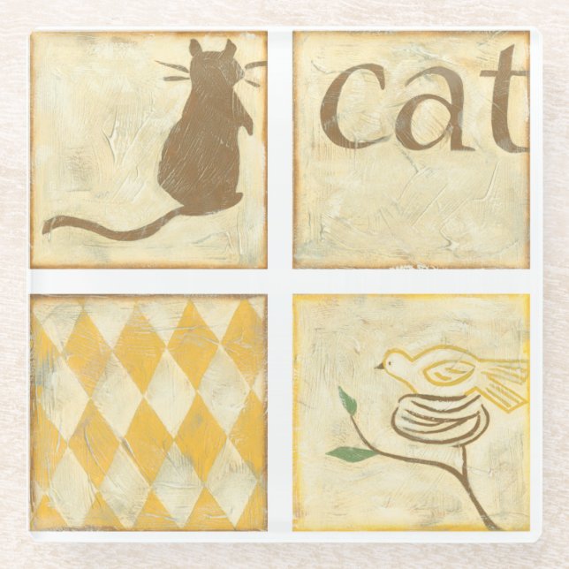 Brown Cat and Yellow Bird by Chariklia Zarria Glasuntersetzer (Vorderseite)